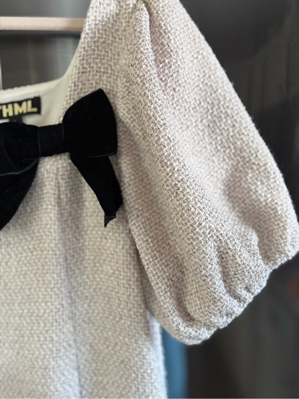 THML Cream Tweed A-Line Puff Sleeves Bow Dress Sz L Coquette Quiet Lux Romantic - Picture 4 of 6